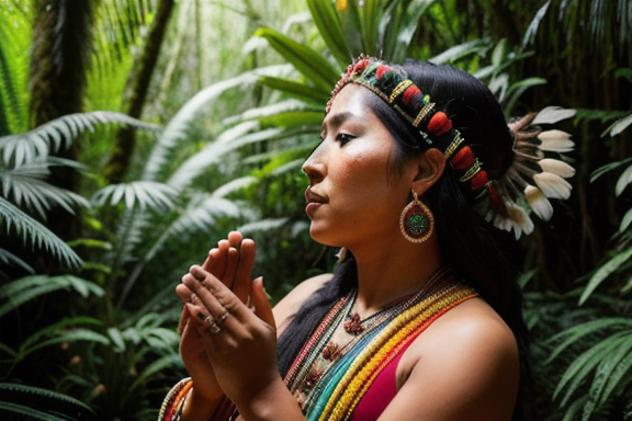 Indigenous woman performing a sacred ritual in a rainforest