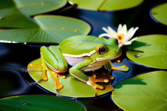 A vibrant green tree frog perched on a lily pad surrounded by water