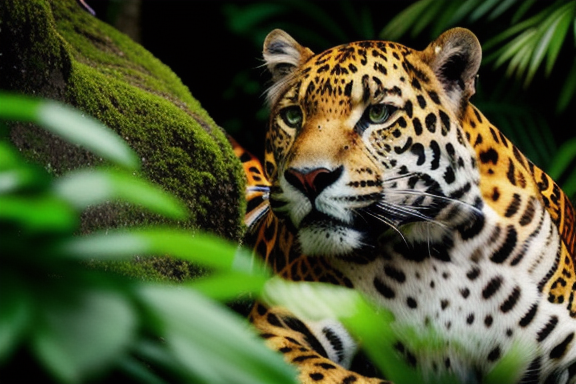 A majestic jaguar resting in a lush rainforest