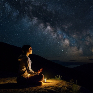 Person meditating under a starry sky